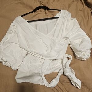 Express White Wrap Blouse with Puff Sleeves